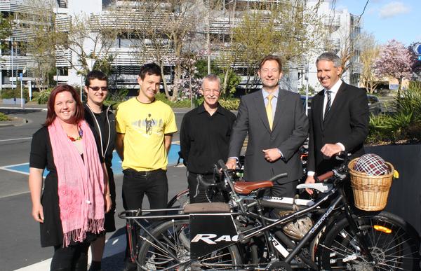 Left to right, Billie Sue and Hilton Taylor (Revolution Bikes), Jon Prescott (Avanti Plus, Hastings), Robert Oliver (Hub Cycle centre), Nick Story (Area Manager, East Coast, Westpac), Lawrence Yule (Mayor Hastings)